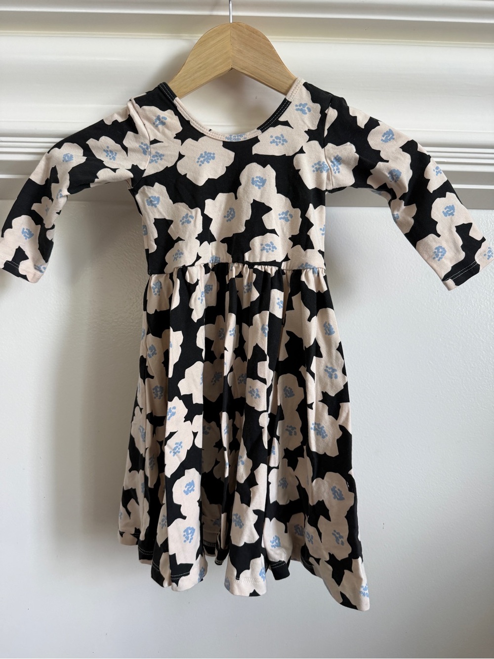 Girls Cream & Black Floral Long Sleeve Knit Dress - Light Blue Accents